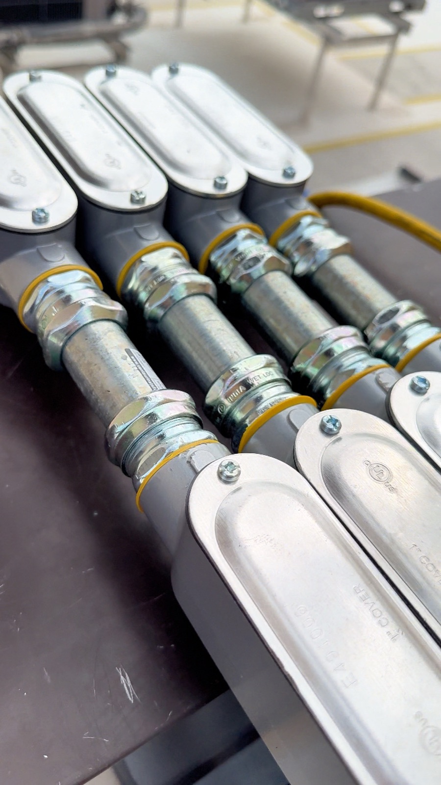 Close view of metal conduit prepared for the St. Luke's solar installation